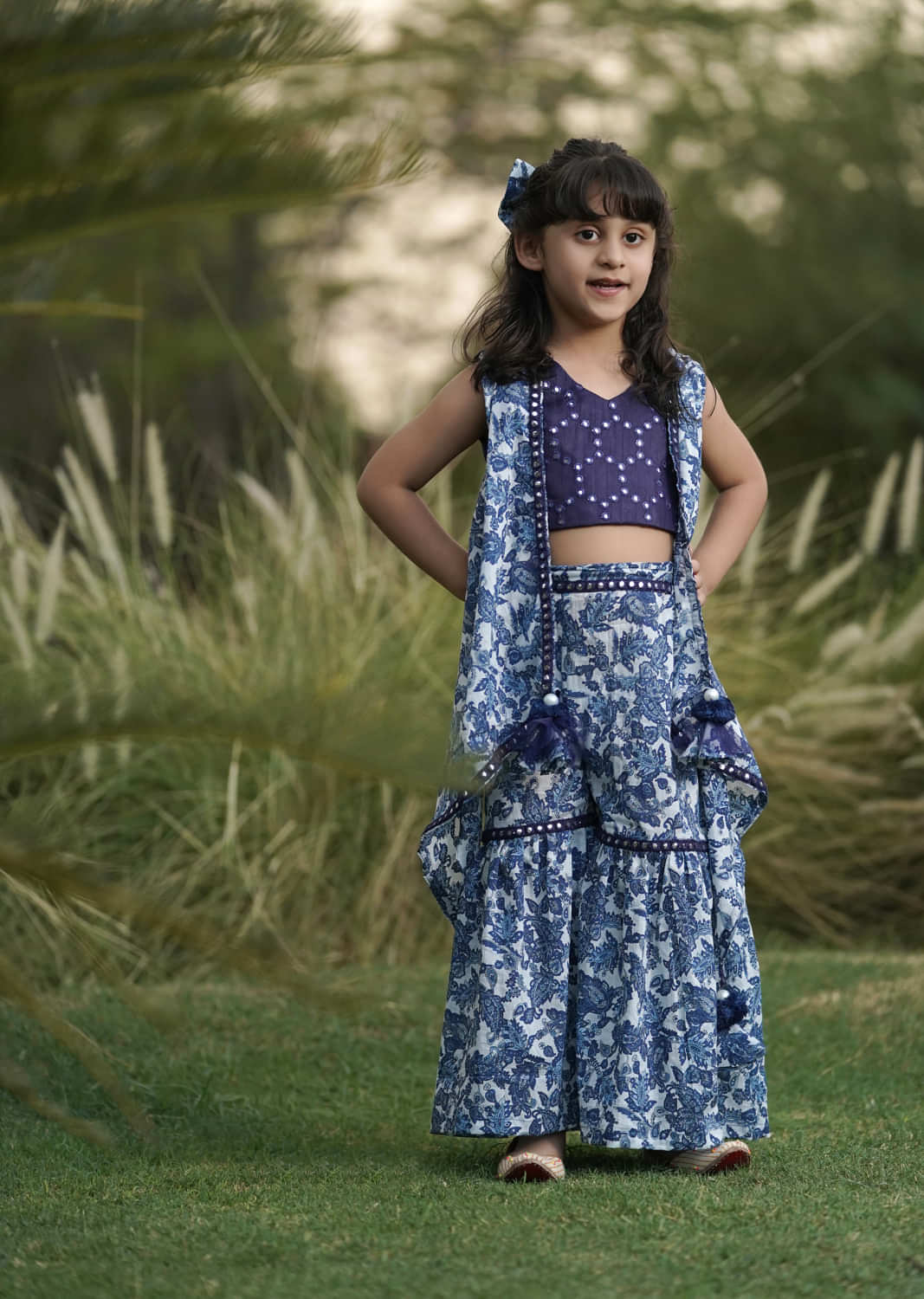 Kalki Festive Blue Sharara Top Set For Girls Printed & Embroidered In Cotton With Jacket  