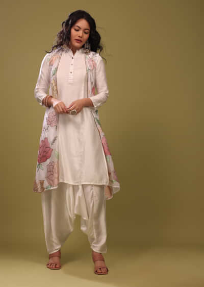 Kalki Festive Bright White Princess Kurta With Cowl Pants And An Embroidered Floral Jacket