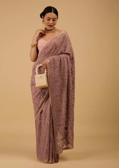 Festive Onion Pink Saree Kashmiri Floral Embroidered In Georgette