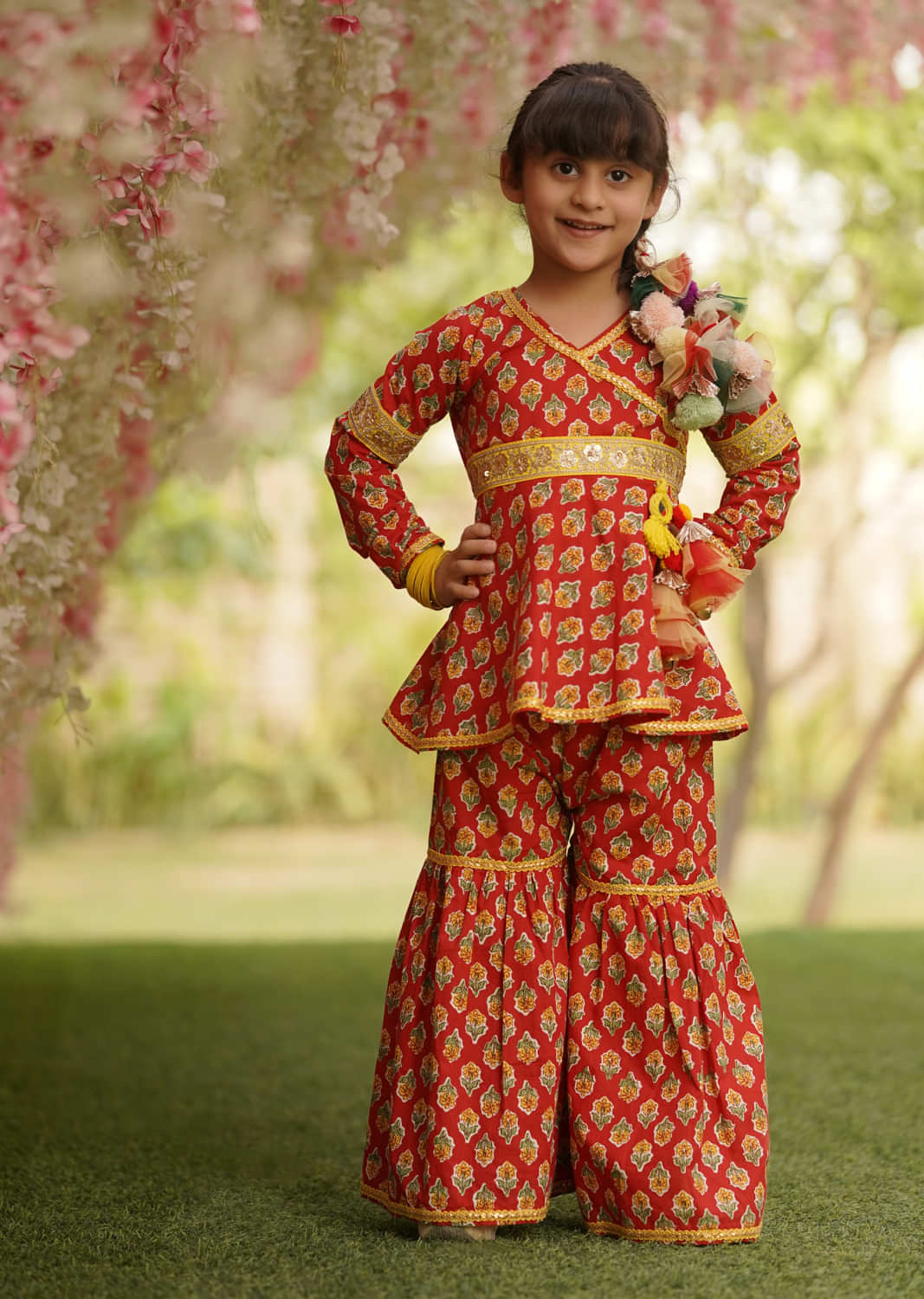 Kalki Festive Red Printed Sharara Suit Set For Girls