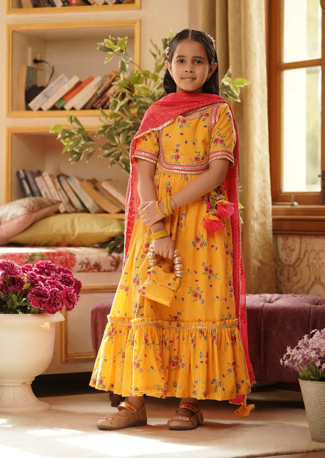 Kalki Festive Yellow Anarkali Suit For Girls In Cotton With Floral Print And A Contrasting Dupatta