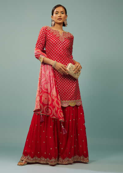 Kalki Fiery Red Sharara Suit With Embroidery And Bandhani Dupatta