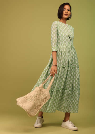Kalki Forest Shade Green Tiered Dress With Floral Block Print And Tassel Dori
