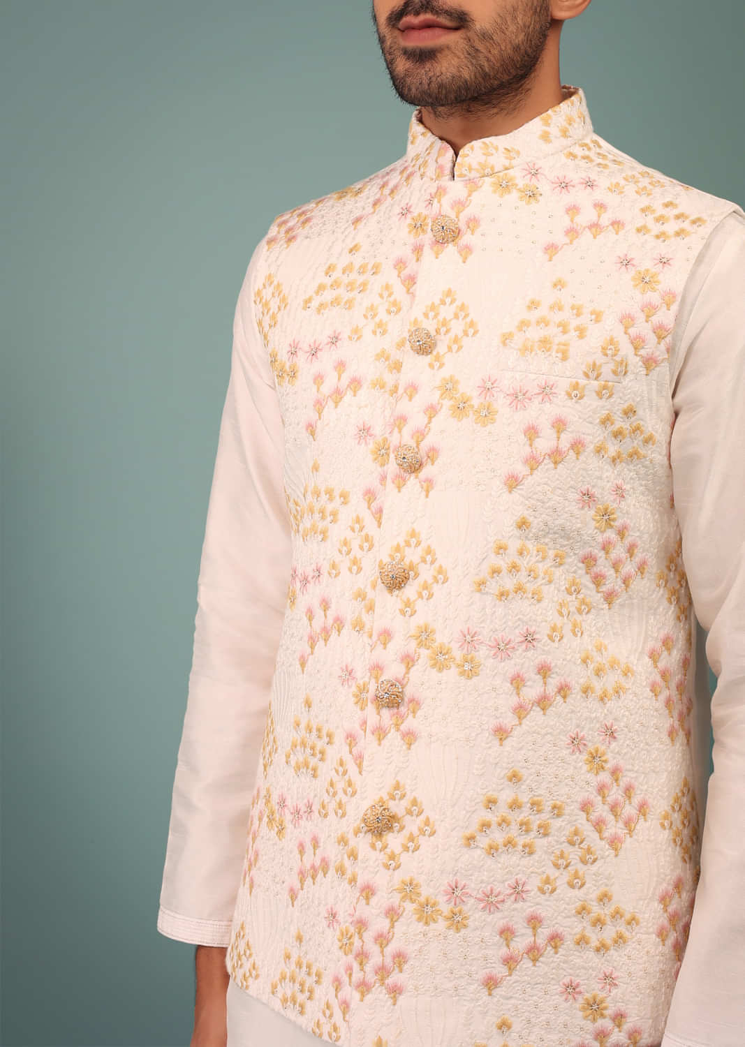 Kalki Gardenia White Bandi Jacket Set In Nokia Silk With Pink & Yellow Floral Embroidery
