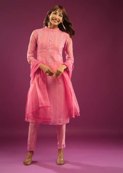 Kalki Geranium Pink Pant Suit In Organza With Embroidery