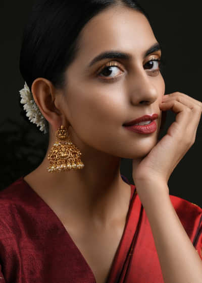 Gold Plated Temple Work Jhumka Earrings
