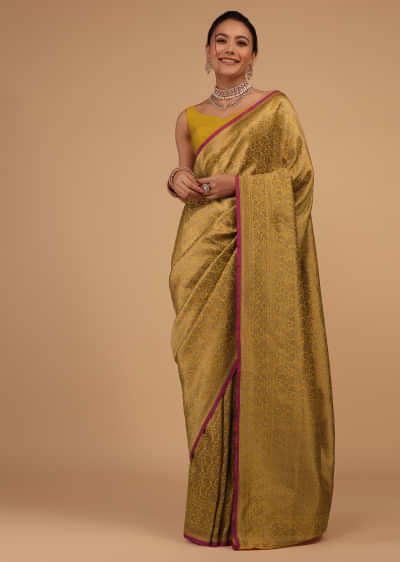 Kalki Golden Rod Yellow Saree In Pure Banarasi Silk With Upada Zari Weave Floral Jaal Work