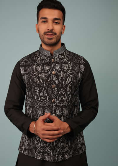 Kalki Jet Black Bandi Jacket Set In Silk With Resham And Zari Aari Embroidery