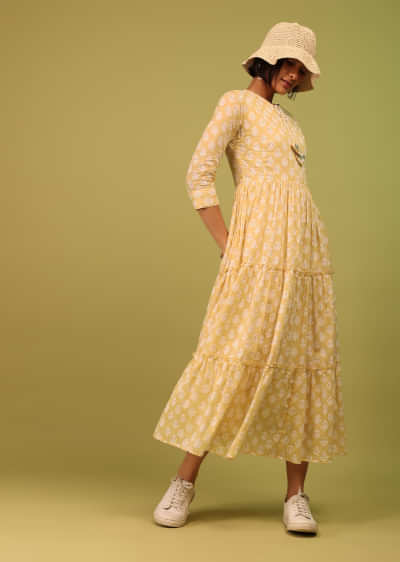 Kalki Jojoba Yellow Tiered Dress With Floral Block Print And Tassel Dori