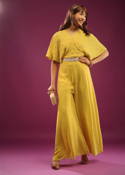 Kalki Maize Yellow Jumpsuit With Embroidery In Beads And Cut Dana