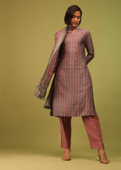 Kalki Mauveglow Pink Pant Suit Set In Chanderi With Floral Print And Foil Print Embellishment