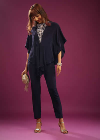 Midnight Blue Poncho Top With Trouser Pants In Crepe With Embroidery
