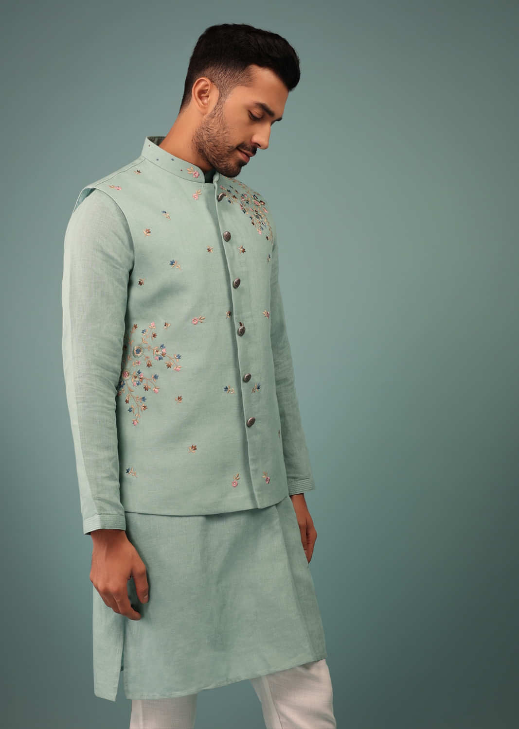 Kalki Dusty Green Bandi Jacket Set In Linen With Blooming Floral Embroidery