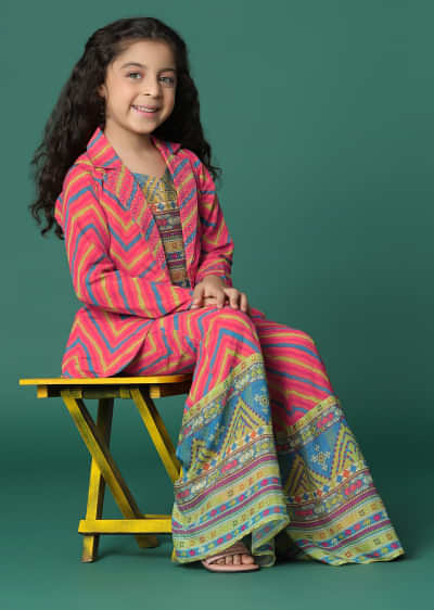 Kalki Multi Colored Printed Top And Palazzo Set With Jacket In Pure Chinon For Girls