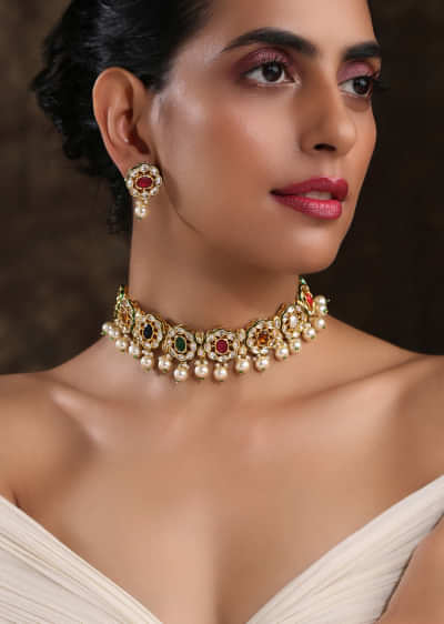 Navratana Gold Plated Kundan Necklace Set