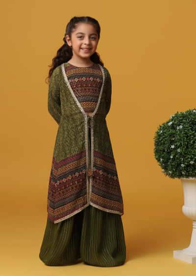 Kalki Olive Green Embroidered Top And Palazzo Set In Georgette For Girls