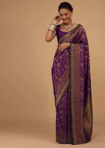 Grape Purple Saree In Pure Banarasi Silk With Upada Zari Weave In Floral Jaal Work