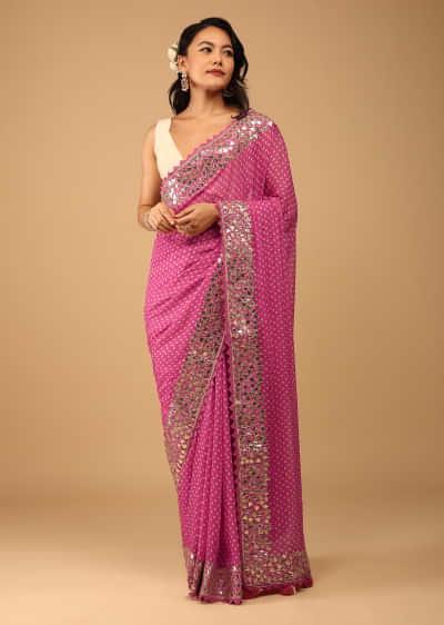 Azalea Pink Bandhani Saree In Georgette With Embroidery