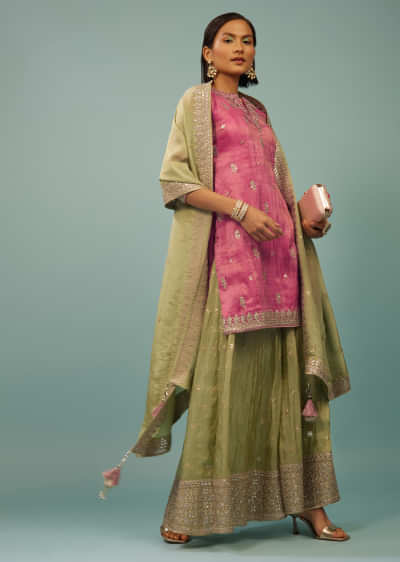 Rose Pink Palazzo Suit With Nile Green Embroidered Palazzo & Dupatta