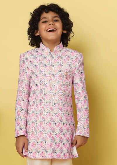 Kalki Pink Sherwani Set With Threadwork In Silk For Boys
