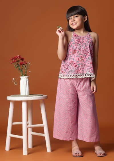 KALKI Powder Pink Printed Top And Palazzo Set In Cotton For Girls