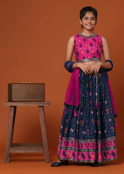 Kalki Rani Pink Lehenga And Blouse Set In Patola Silk With Mirrorwork For Girls
