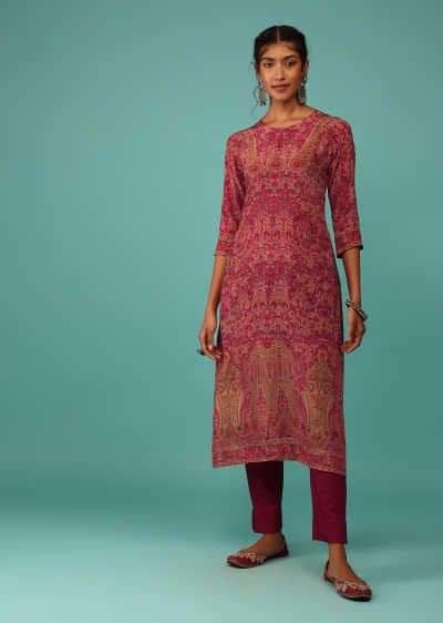 Magenta Pink Kurta In Crepe With Kashmiri Floral Print And Embroidery