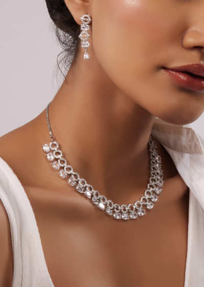 Silver Plated Diamond Jewelry Set With Loop Design