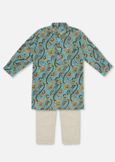 Kalki Sky Blue Printed Kurta Pant Set In Cotton For Boys