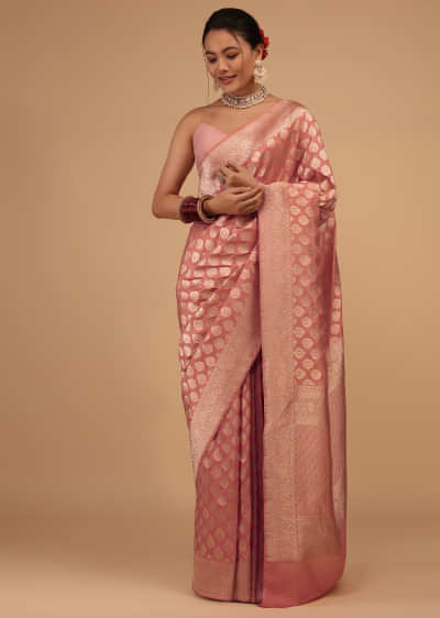 Strawberry Peach Saree In Pure Banarasi Silk With Upada Zari Weave Butti Work