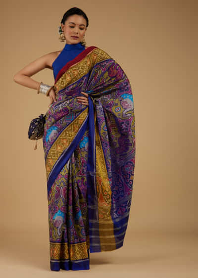 Peacock Blue Saree In Silk With Ikat Weave Patola Work