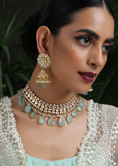 Turquoise Gold Plated Kundan Choker Necklace Set