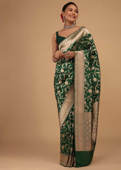 Emerald Green Saree In Pure Banarasi Silk With Upada Zari Weave Floral Jaal Work