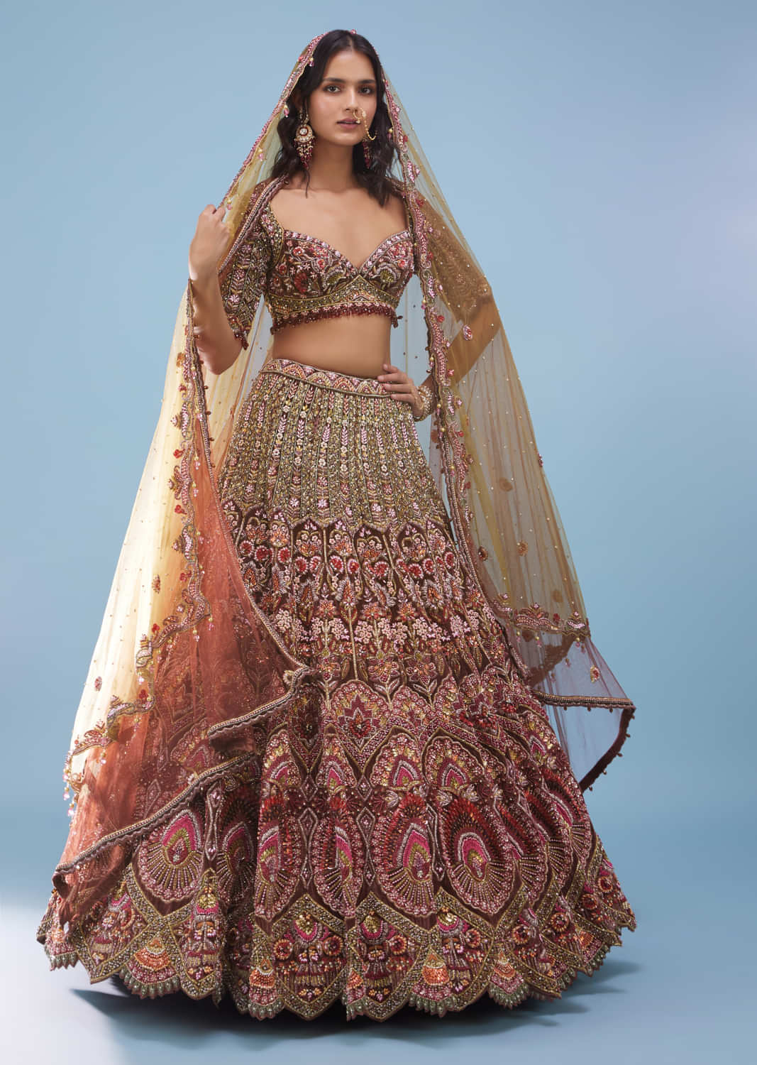 Chocolate Brown Maharani Bridal Lehenga In Velvet With Heavy Floral Embroidery - NOOR 2022