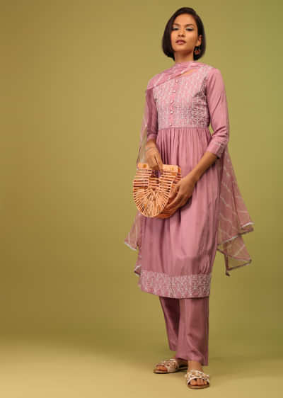 Kalki Zephyr Purple Palazzo Suit Set In Russian Crepe With Floral Embroidery