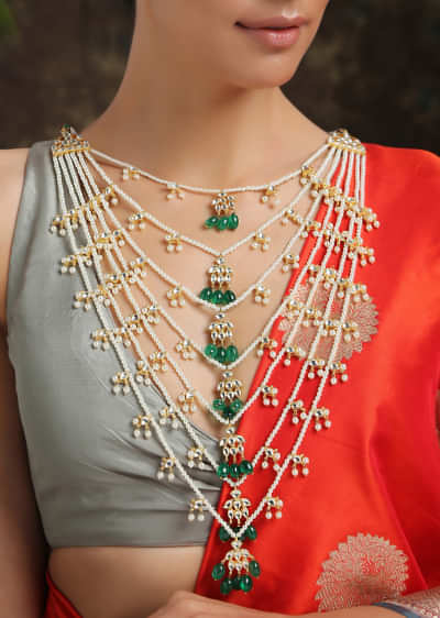 Khushali Green Gold Plated Kundan Satlada Necklace