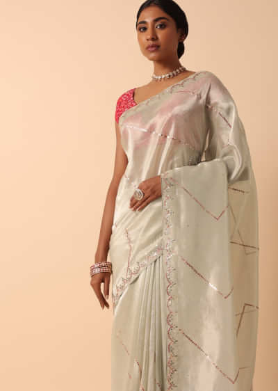 Buy Rani Pink Satin Chinon Saree With Scallop Border And Unstitched Blouse  Piece Kalki Fashion India