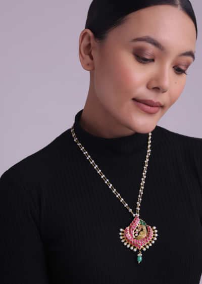 Kundan Pendant Mala With Ruby Onyx Stones And Pearls