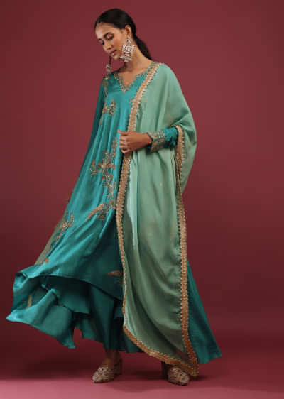 Lake Blue A Line Suit With Zardosi Embroidered Bird Motifs And Mint Dupatta