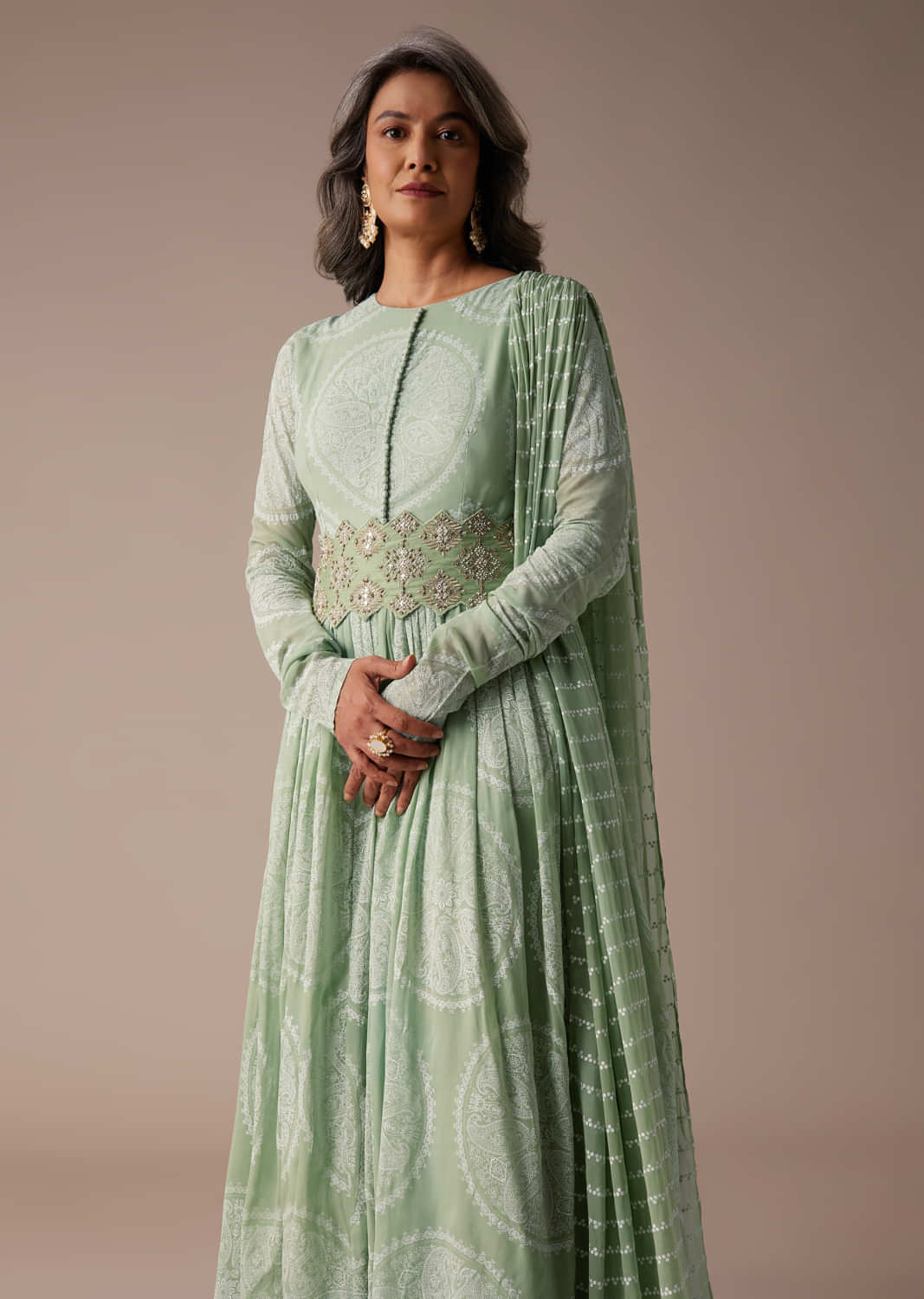 Pista Green Anarkali Suit In Georgette With Attached Dupatta And Floral Embroidered Waistbelt
