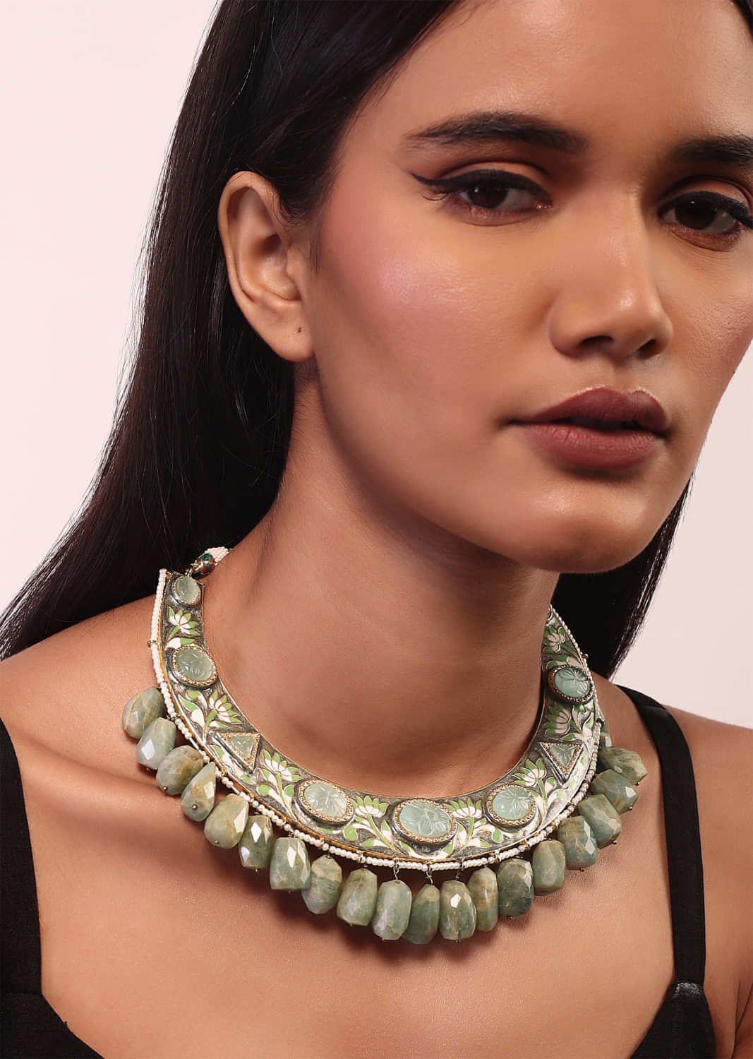 Mint Carved Stone Studded Necklace With Dangling Green Semi Precious Stone Drops And Minakari