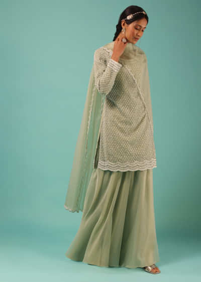 Laurel Green Palazzo Suit With Moti And Cut Dana Embroidered Mesh Design And Full Sleeves