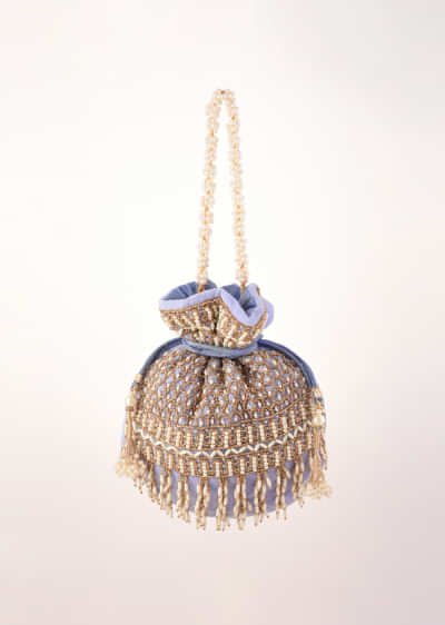 Lavender Potli In Velvet Heavily Embroidered With Beads And Moti Work In Scalloped And Tassel