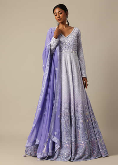 Lavender Anarkali Set With Pearl Embroidery