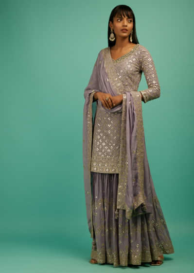 Lavender Grey Sharara Suit In Crepe Silk With Zari And Mirror Embroidered Geometric Jaal  