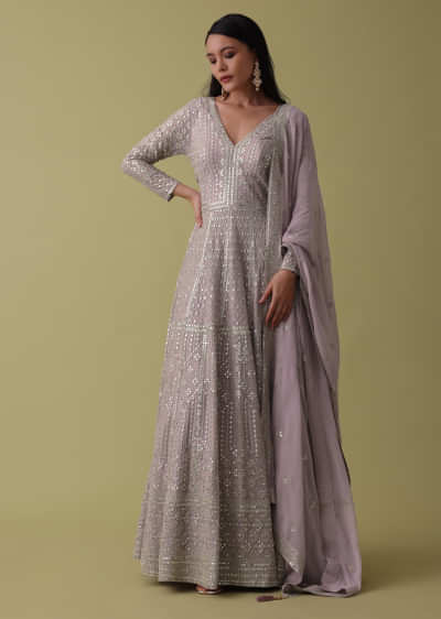 Lavender Purple Anarkali Suit Set In Georgette With Sequins And Zari Embroidery