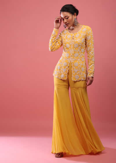 Lemon Chrome Yellow Sharara Suit In Georgette With Fully Embroidered Top & Flowy Pants