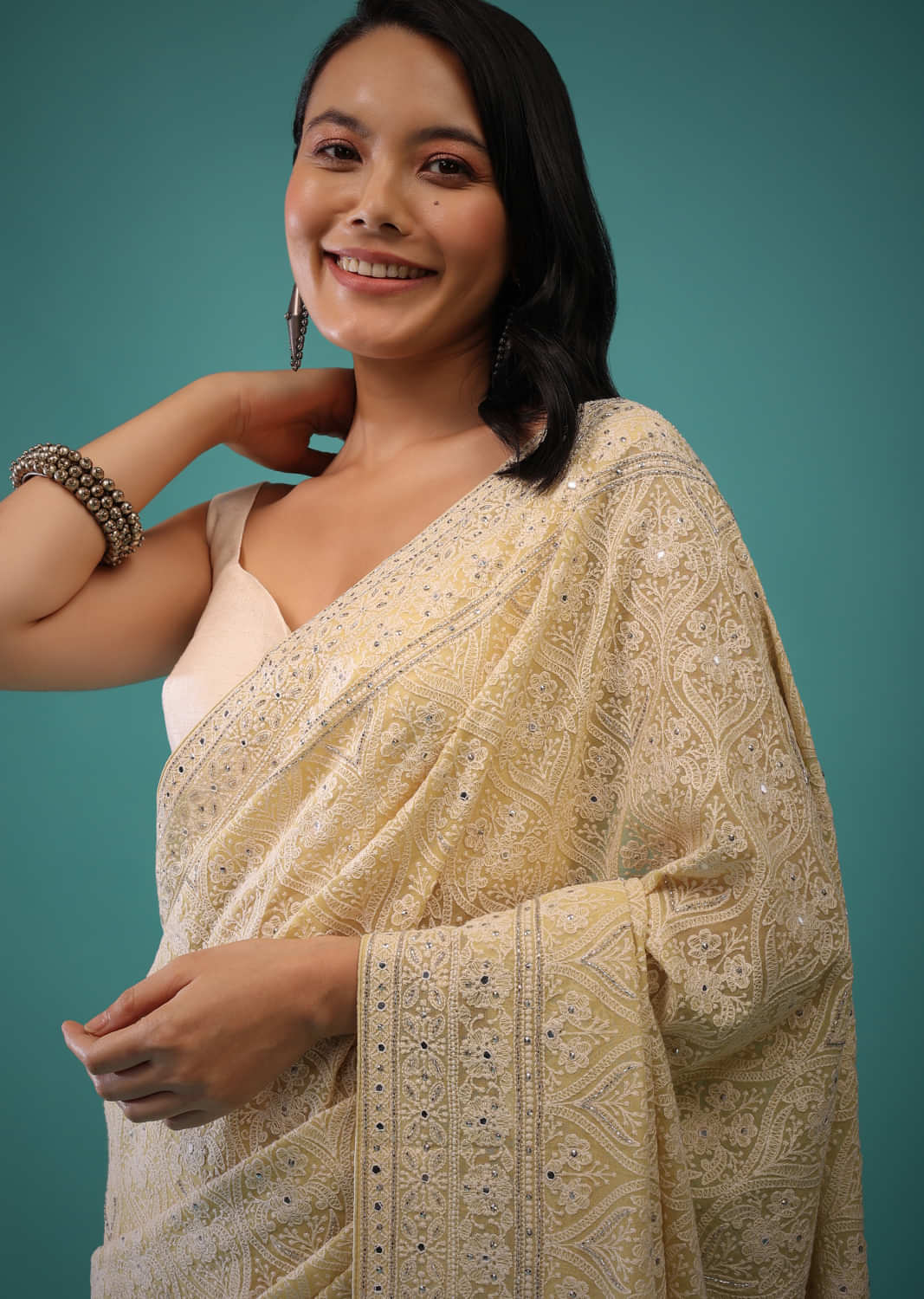 Lemon Drop Saree In Lucknowi Threadwork In A Moroccan Jaal, Mirror And Cut Dana Embroidery Detailing On The Pallu