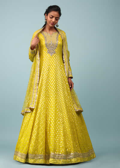 Lemon Yellow Embroidered Anarkali Suit In Brocade Weave