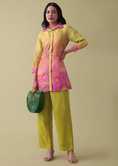 Lemon Yellow Floral Printed Co-ord Set In Tussar - RE By Kalki